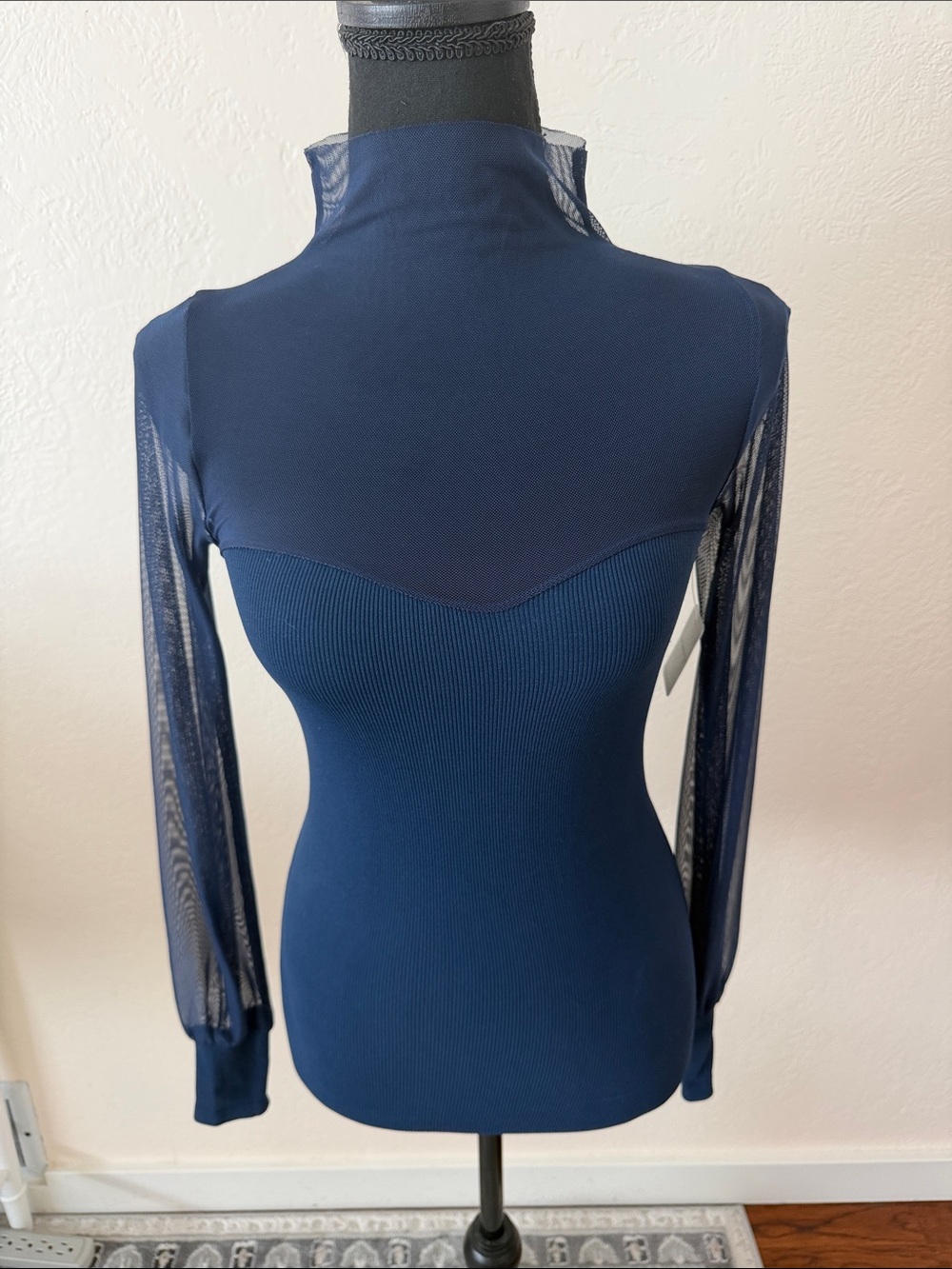 NWT FREE PEOPLE Navy Mesh-Detail Long-Sleeve Mock Neck Top XS/S